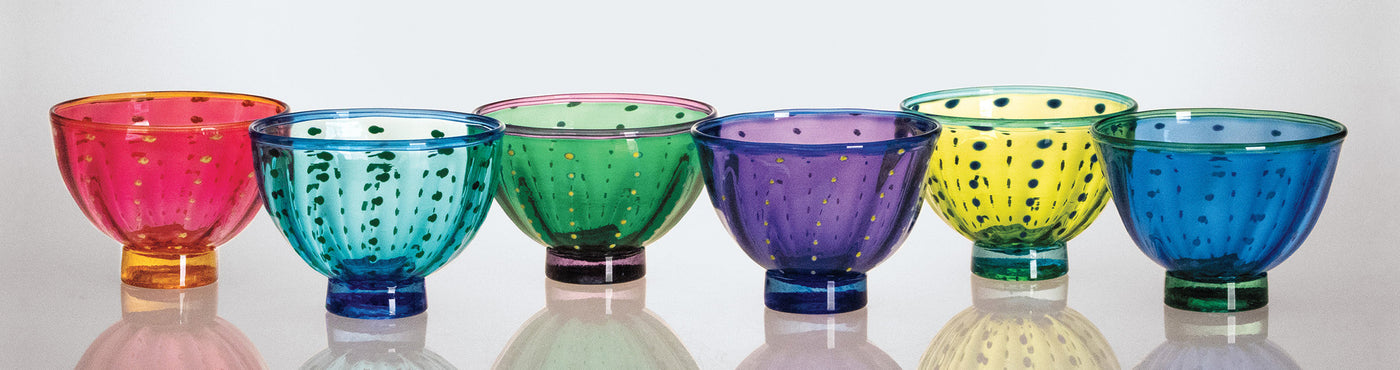 left to right: ruby, copper blue, green, purple, citron, cerulean blue