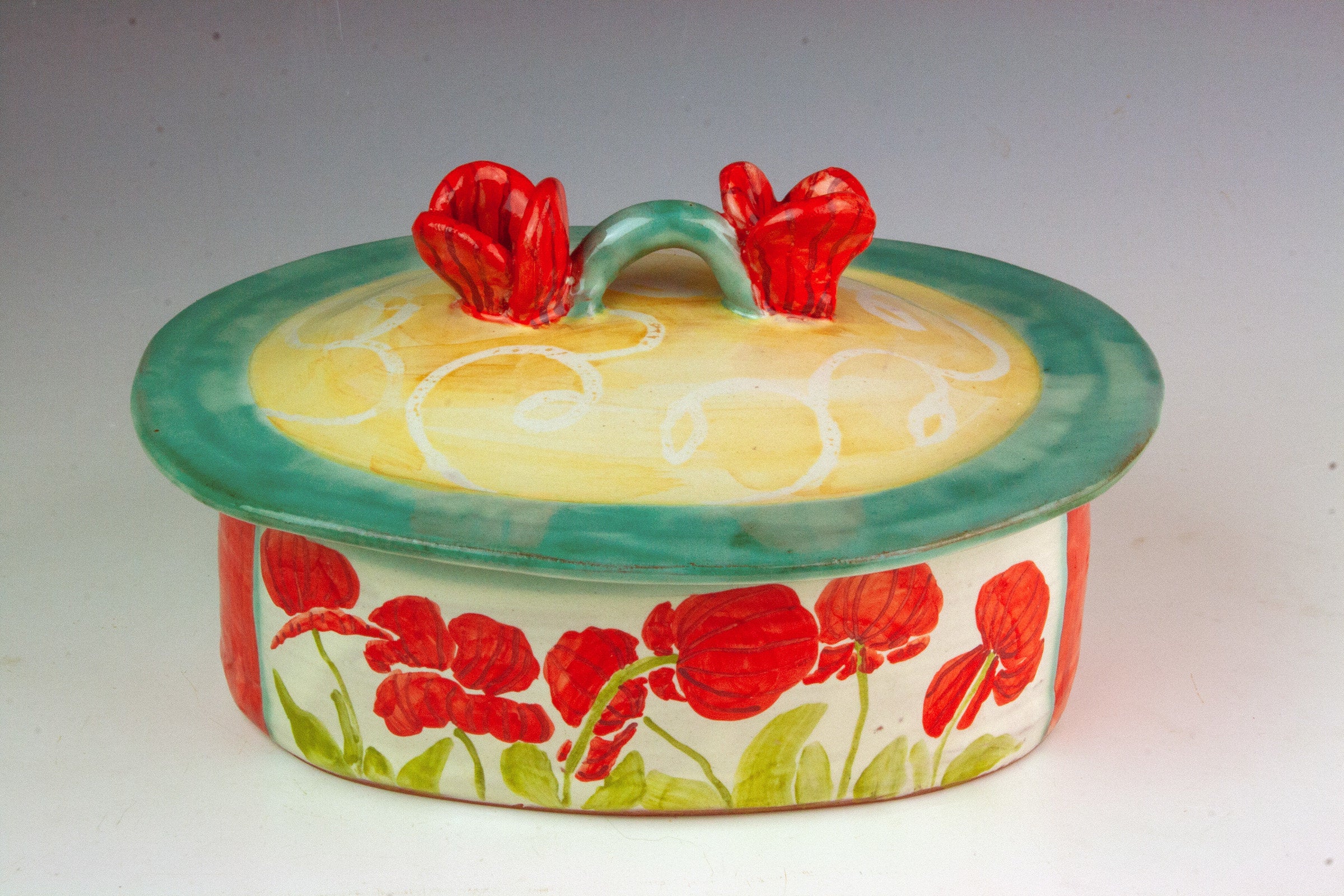 Red Poppy Oval Dish with Lid