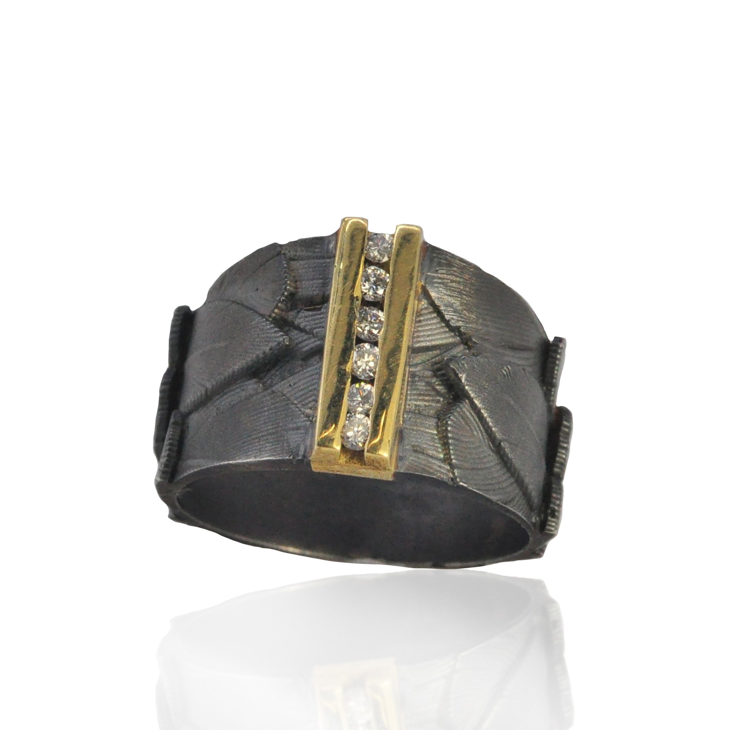 Oxidized Silver Channel Set Diamond Feather Ring