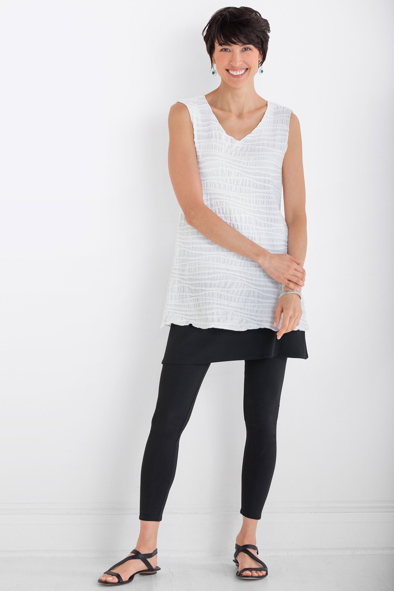 shown with the travel knit skirted cropped leggings by f.h. clothing