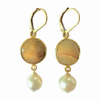 Golden Sapphires & White South Sea Pearl Earrings