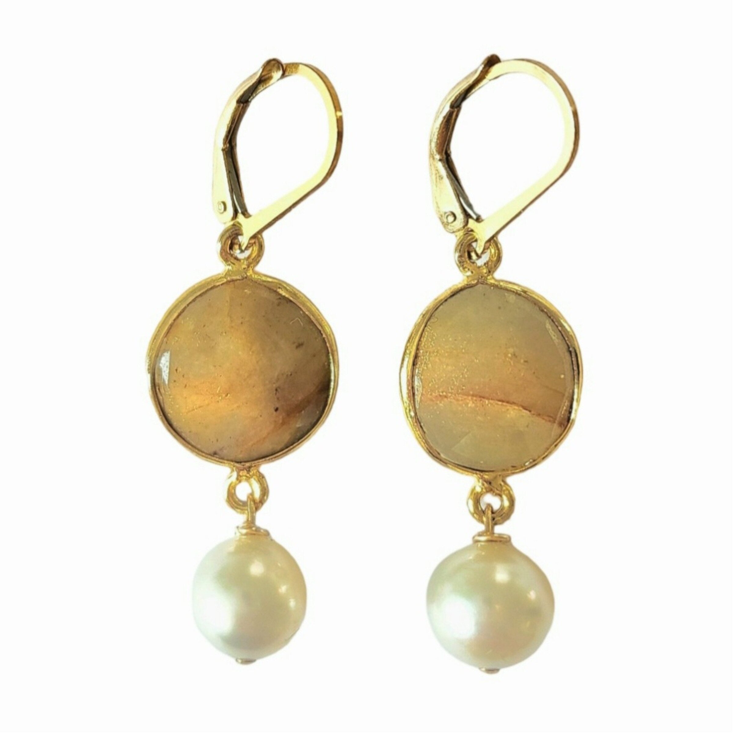 Golden Sapphires & White South Sea Pearl Earrings