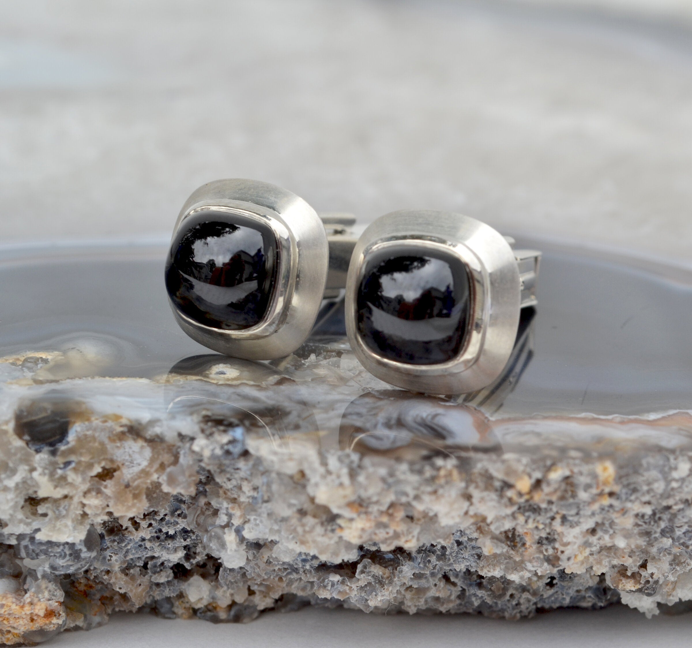 Black Spinel Silver Cuff Links