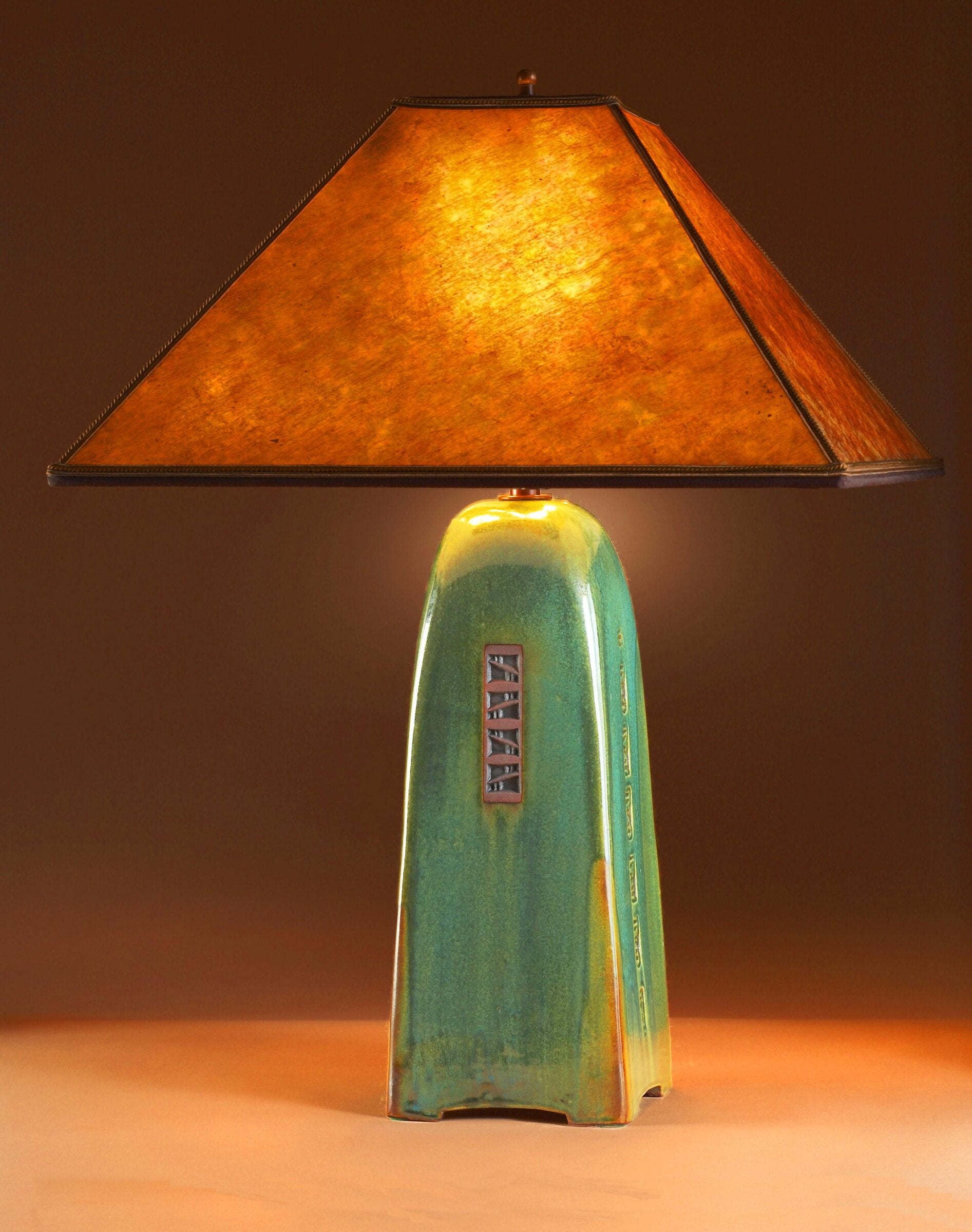 North Union Lamp in Moss Glaze with Amber Mica Shade