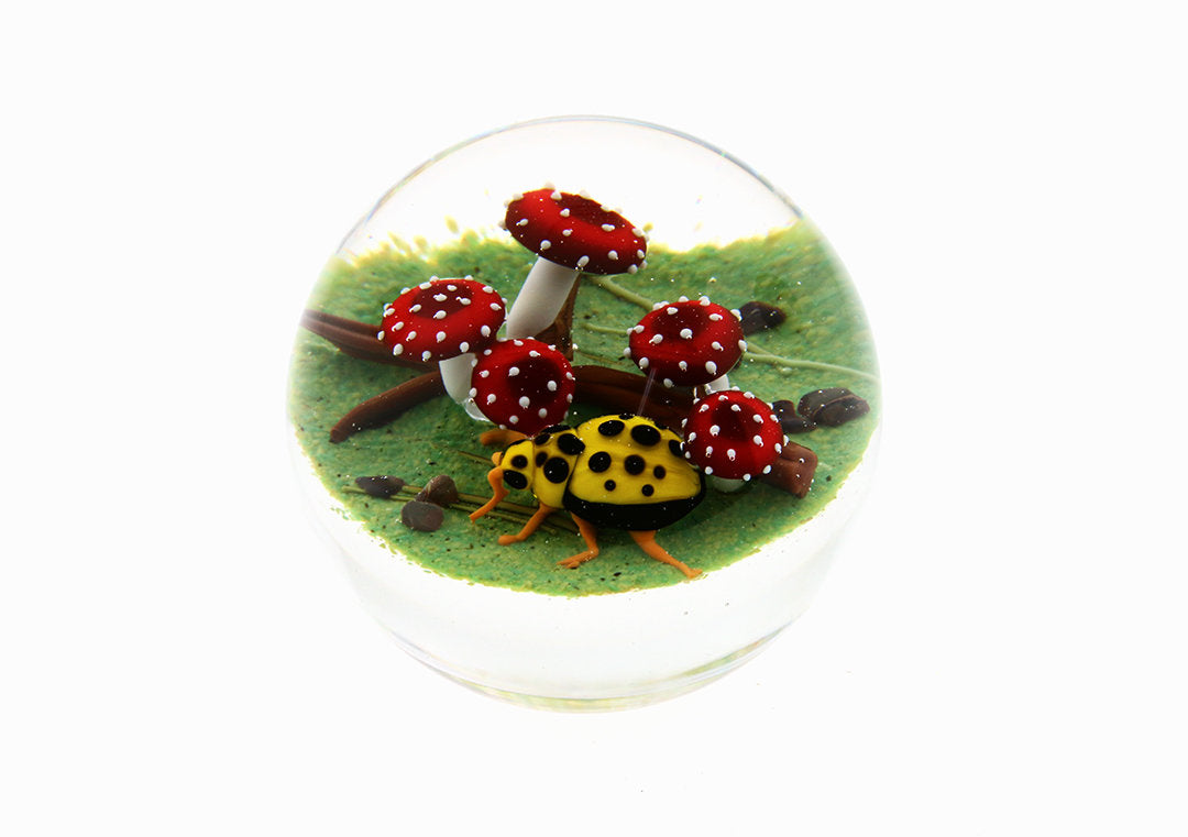 Yellow Ladybug with Fanciful Mushrooms Miniature Paperweight