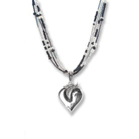 Silver Flaming Heart on Jet & Pearl