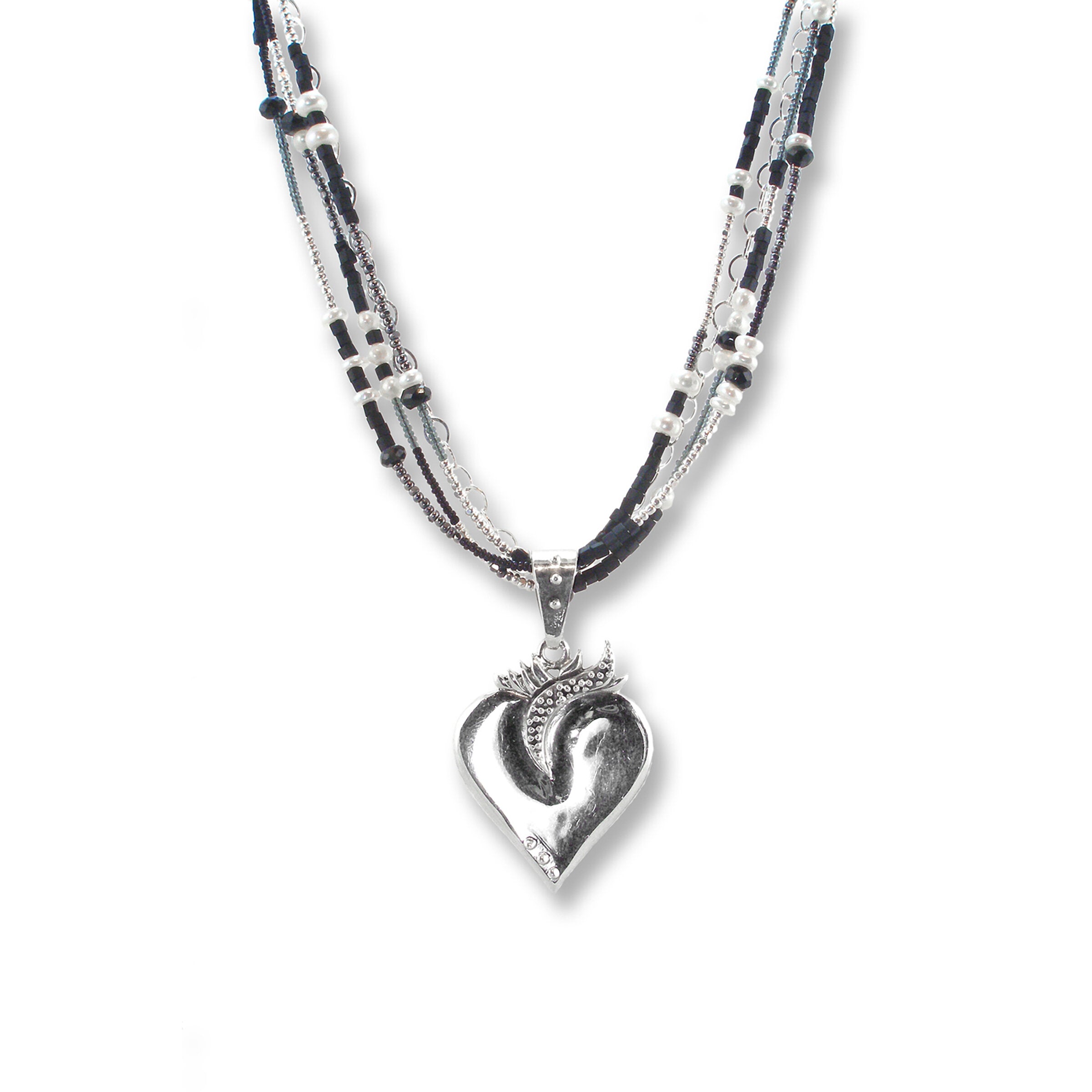 Silver Flaming Heart on Jet & Pearl