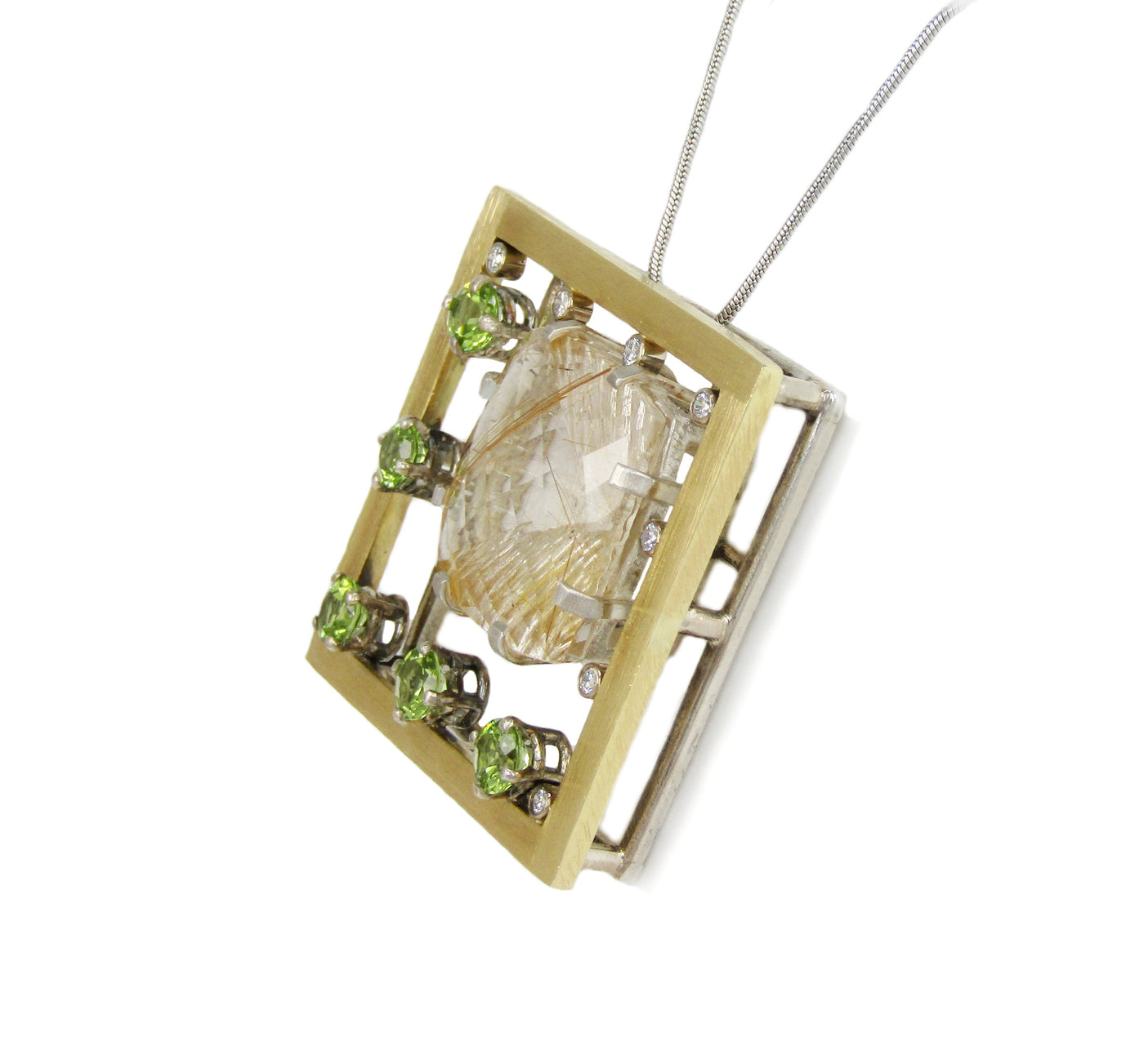 Large Rutilated Quartz Pendant with Peridot Necklace
