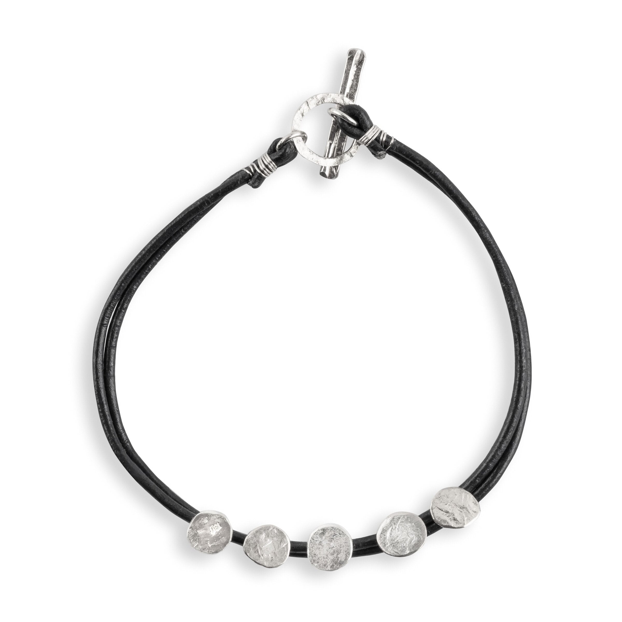 Five Silver Discs Leather Bracelet