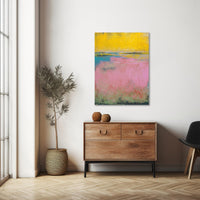 "Flamingo Coast" pink landscape art in the entryway