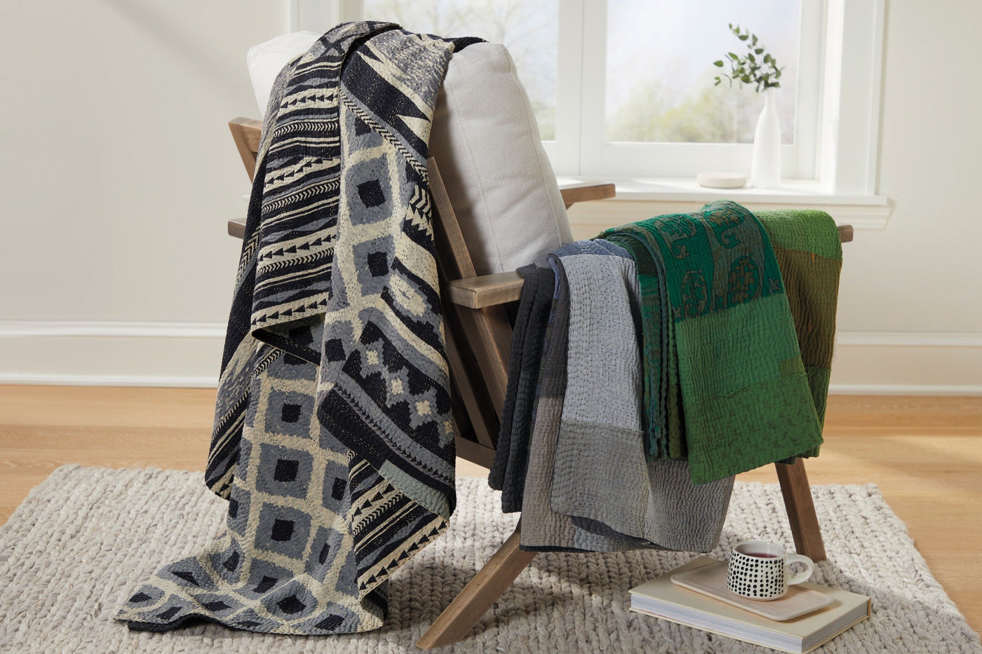 Monotone Ikat Kantha Throw