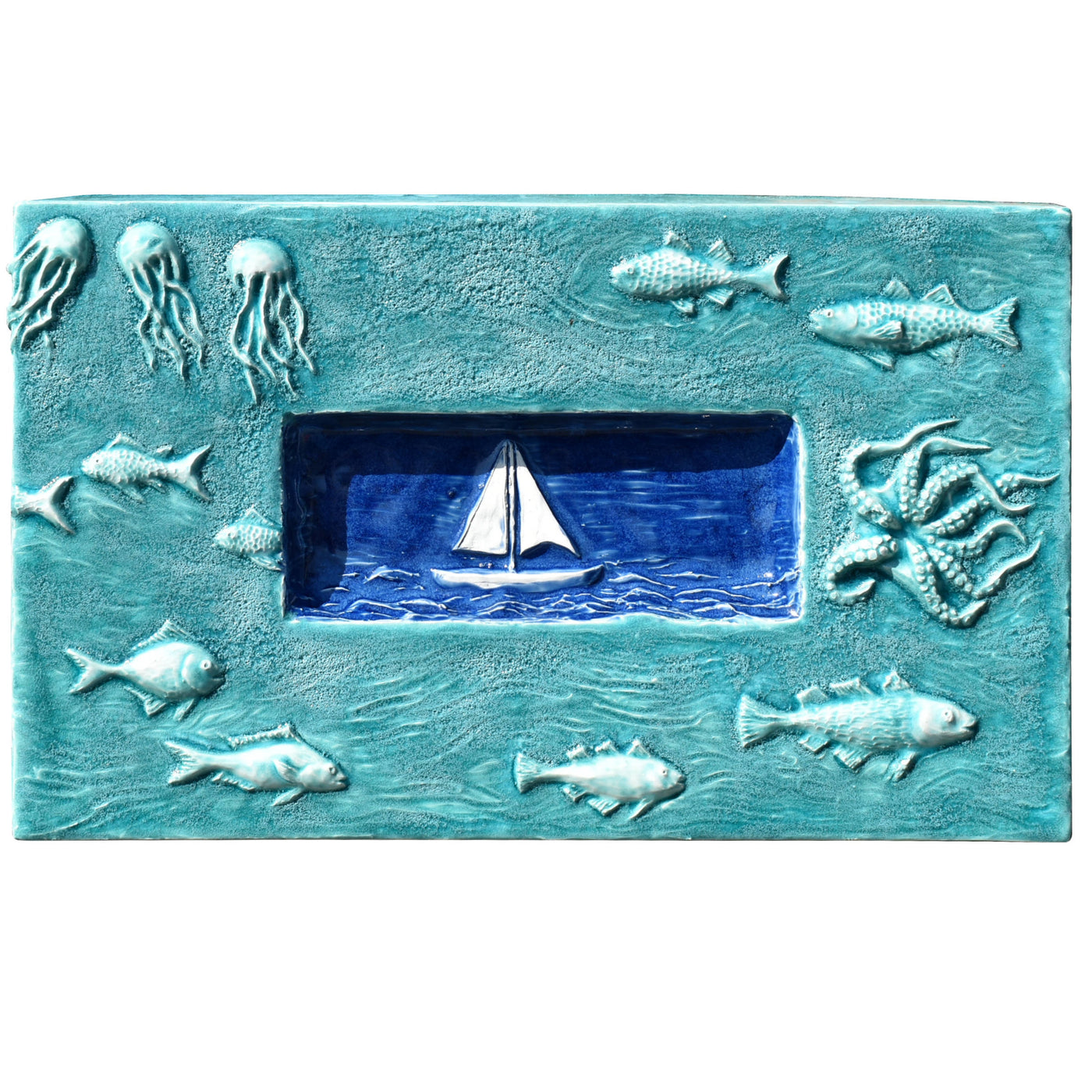 Sail Boat Marine Tile in Seafoam & Sapphire Blue