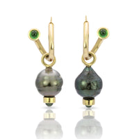 Tahitian Pearl & Gemstone Drop Charms on Tsavorite Peek-A-Boo Hoop Earrings