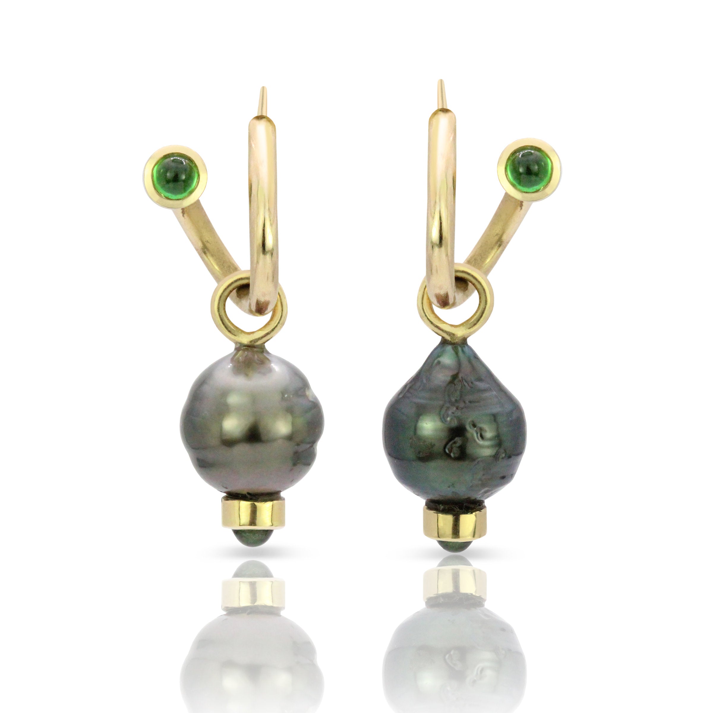 Tahitian Pearl & Gemstone Drop Charms on Tsavorite Peek-A-Boo Hoop Earrings