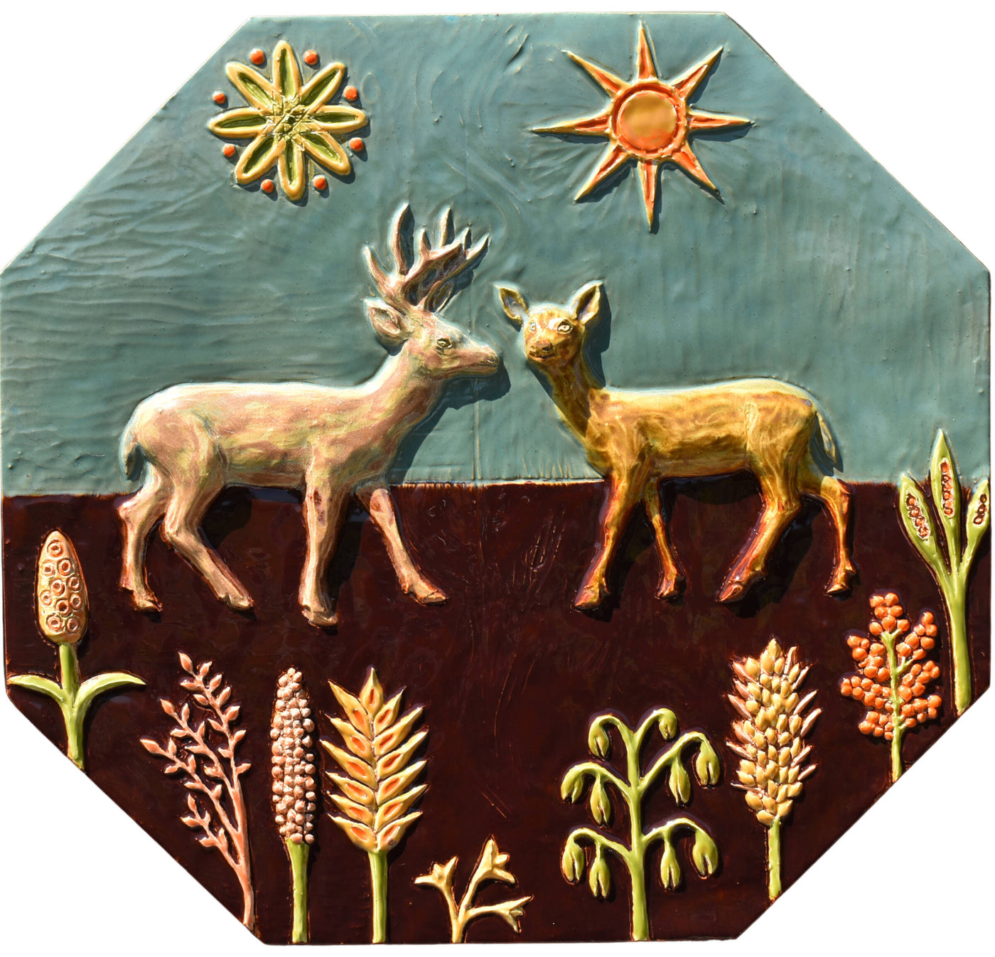 Dear Deer Ceramic Wall Sculpture Tile in Teal