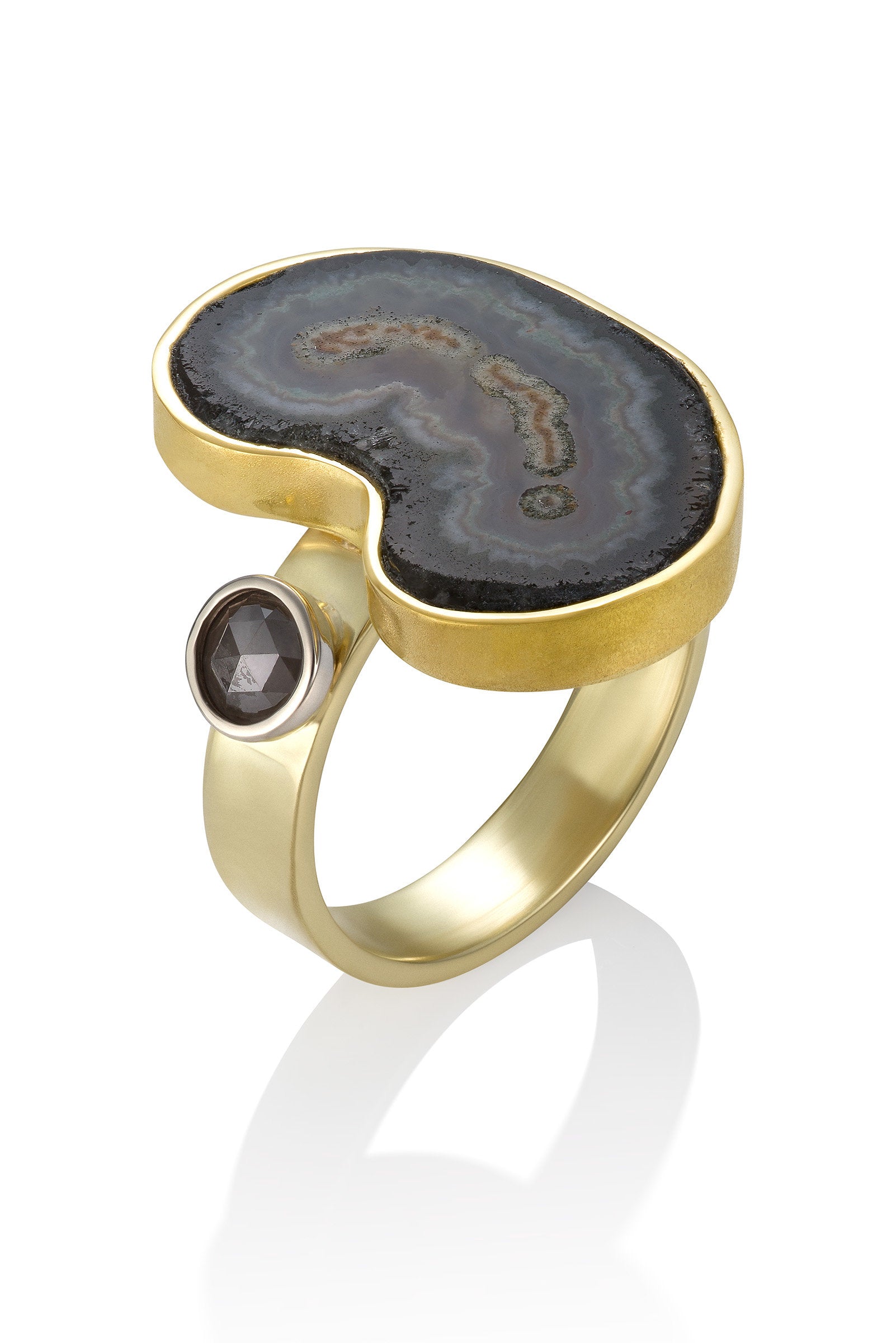 Agate Slice and Gray Diamond Gold Ring