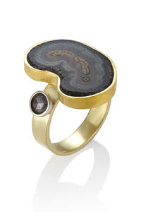 Agate Slice and Gray Diamond Gold Ring