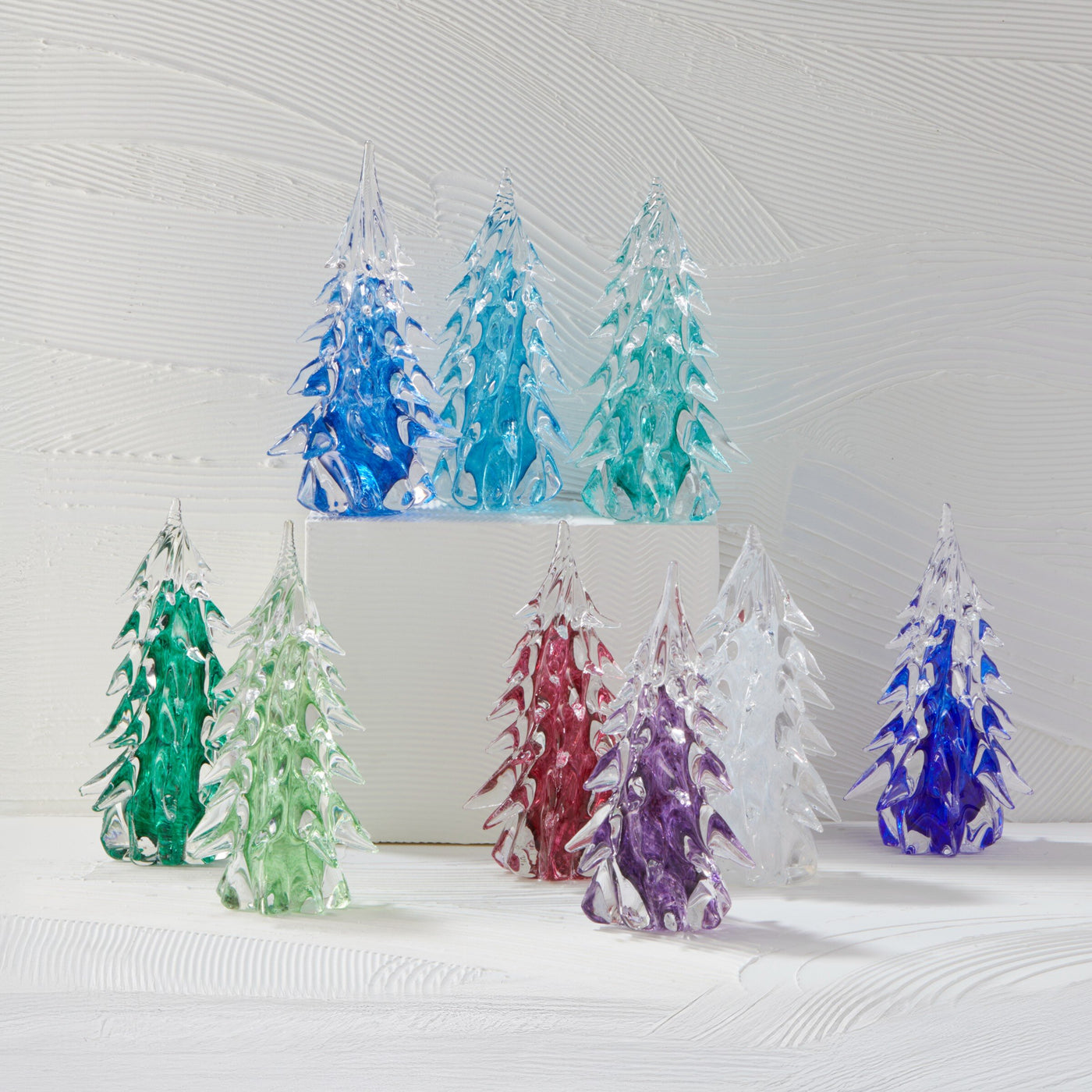 Bottom row: dark green, light green, ruby, purple, white, cobalt blue top row: aqua, light blue, light emerald