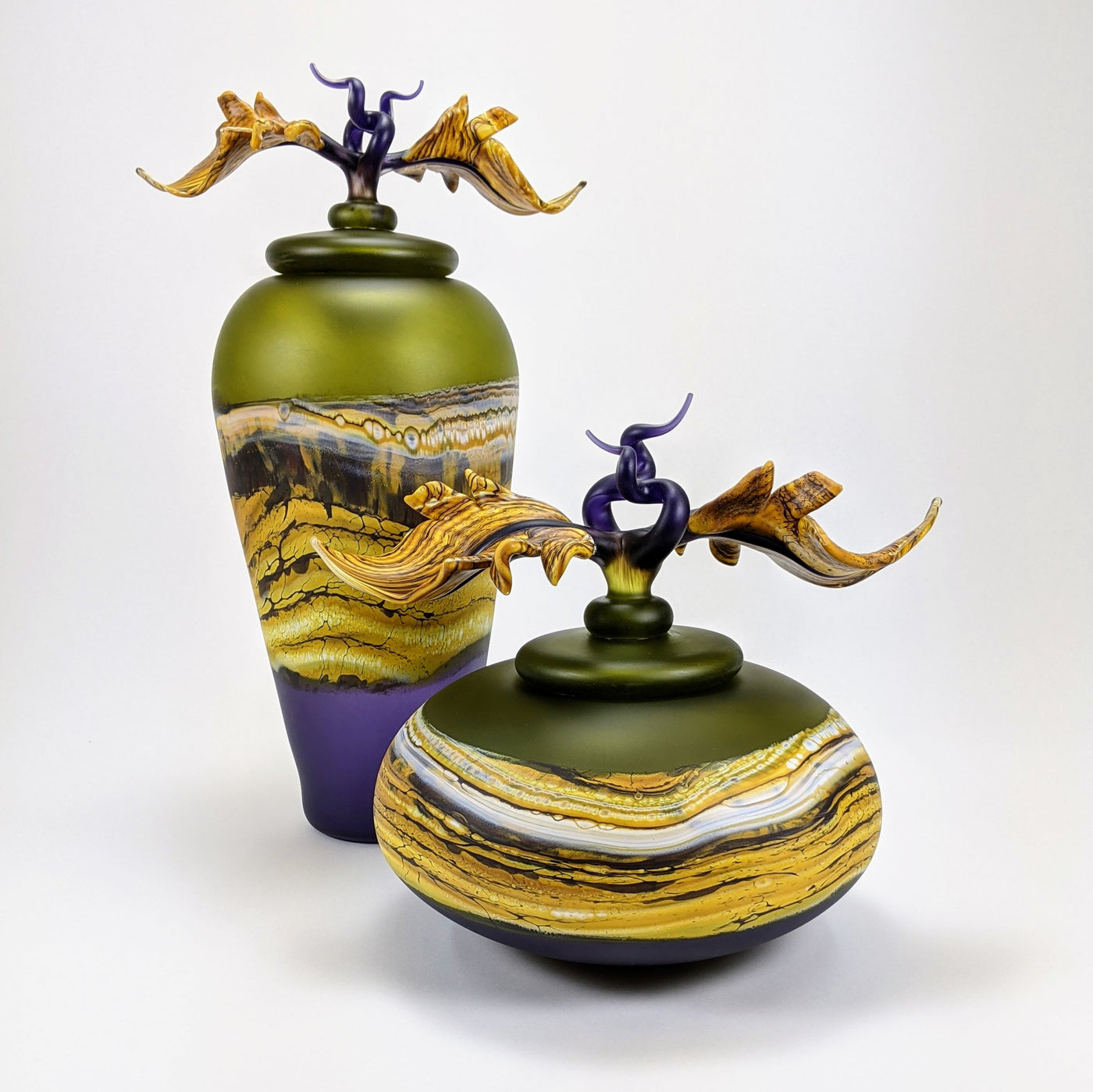 Satin Strata Vessel Pair with Avian Finials