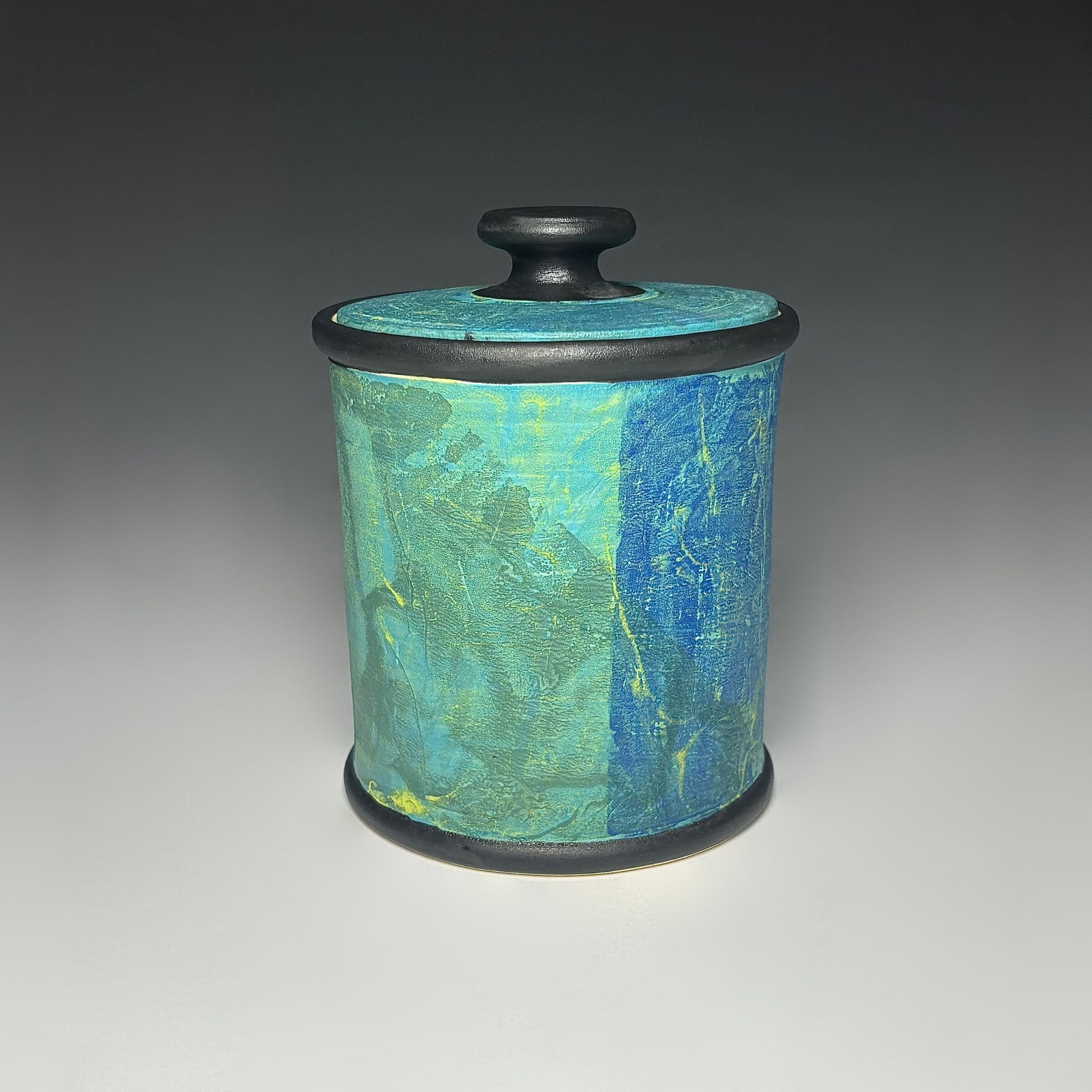 Painterly Lidded Jar in Blue Green Split