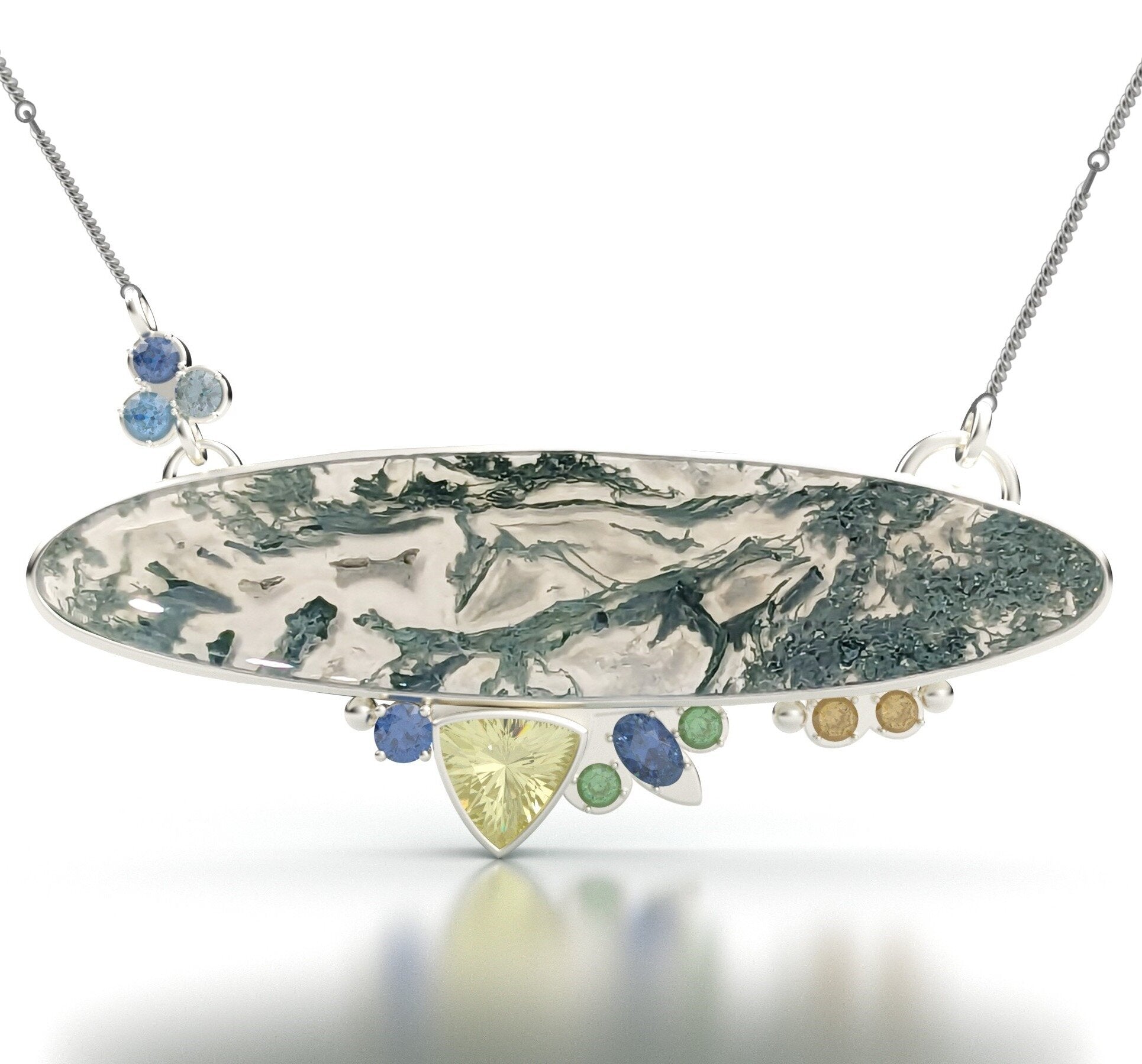 Moss Agate & Sapphire Accents Pendant