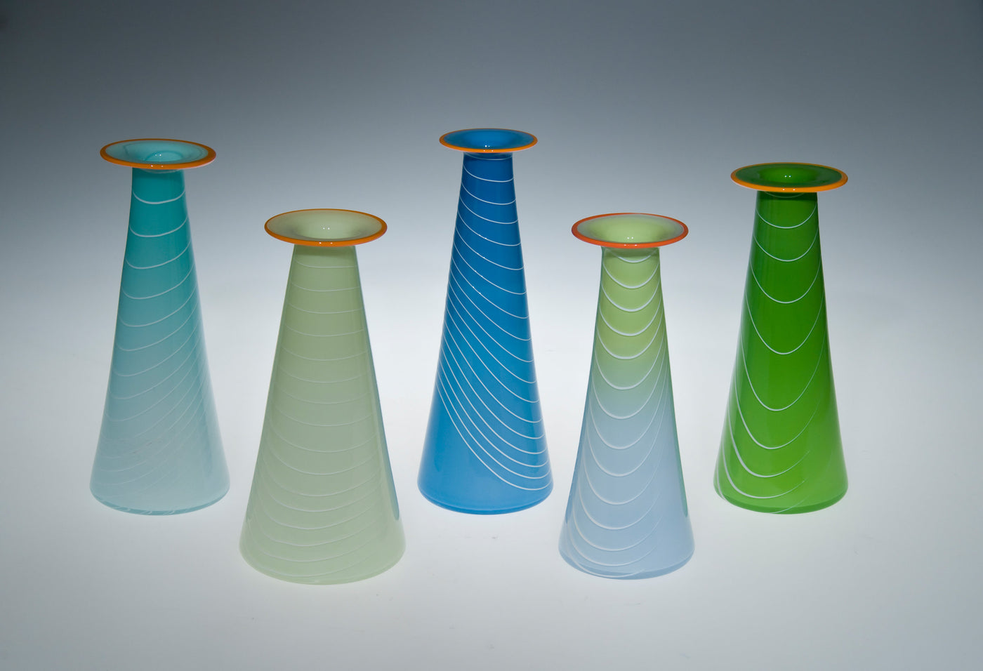 left to right: robin's egg, cream, opal sky blue, chameleon, granny smith