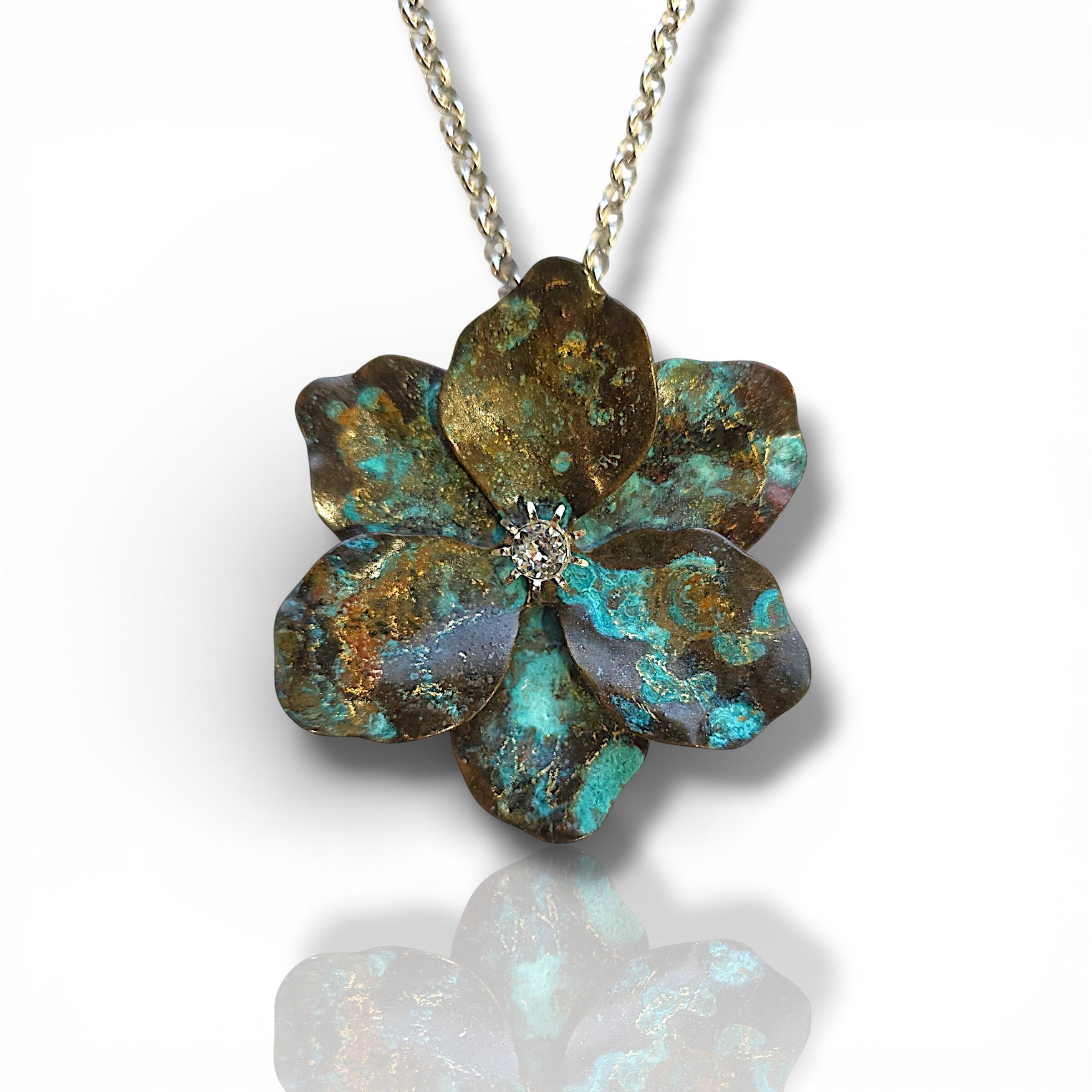 Verdigris Blossom Pendant White Topaz