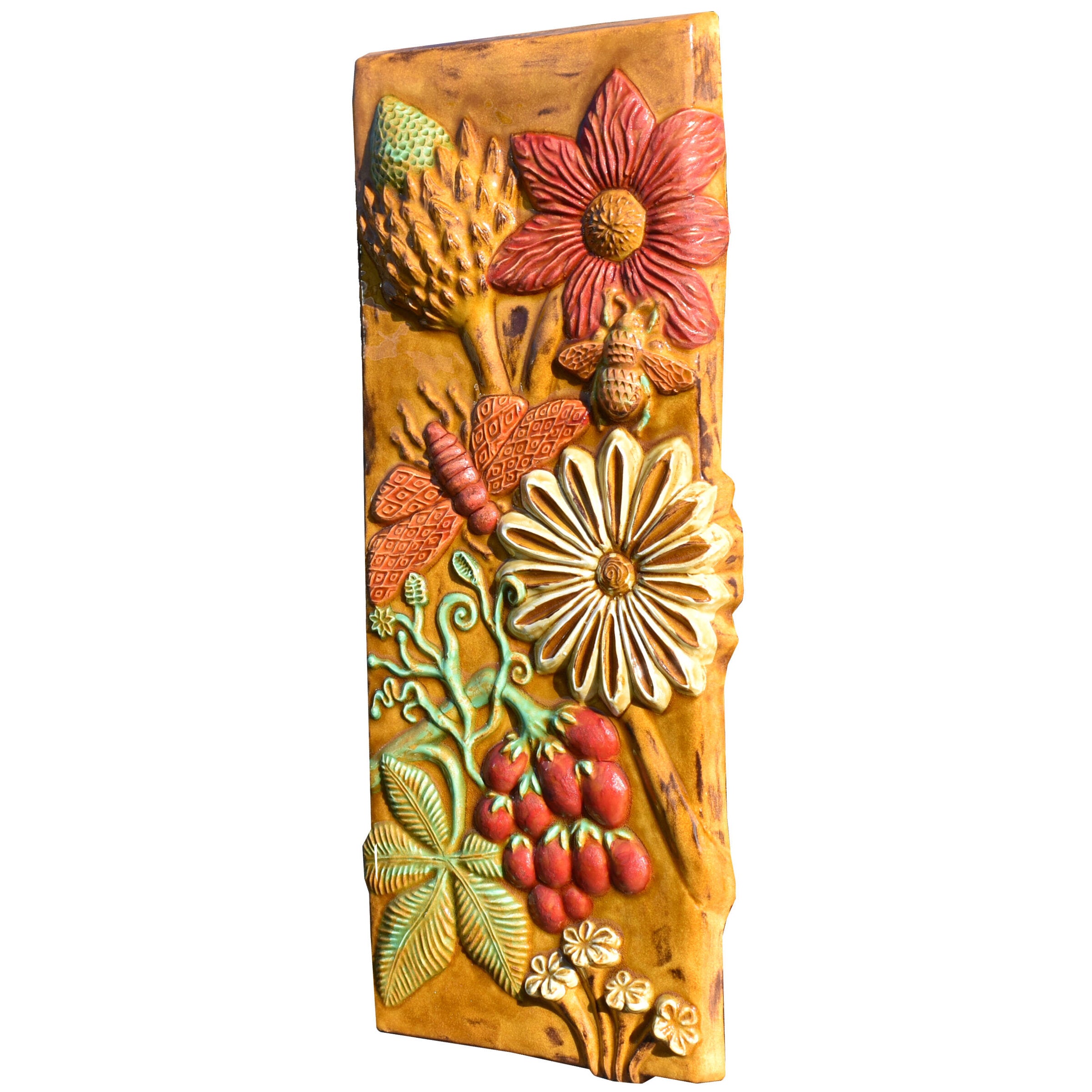 Botanical Tall Tile in Yellow, Red & Green Glazes