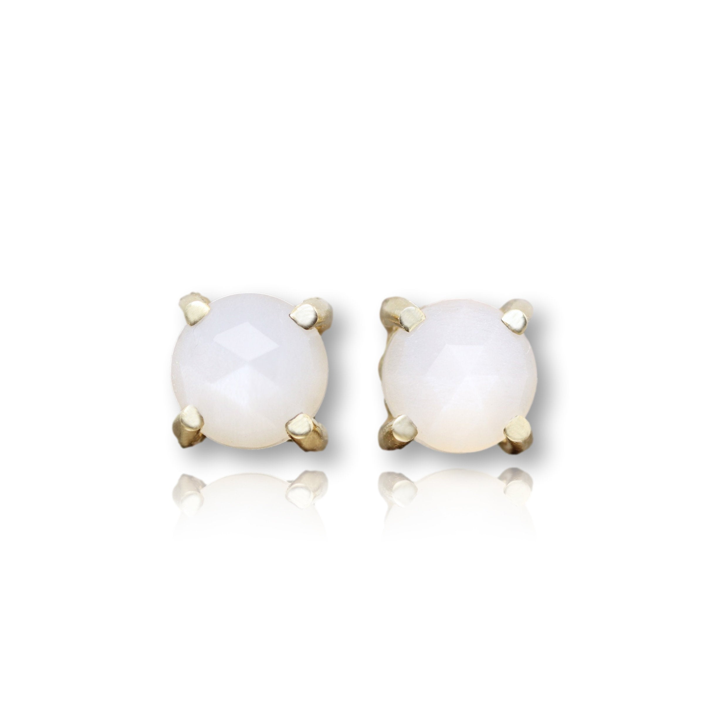 14k Yellow Gold and White Moonstones Stud Earrings
