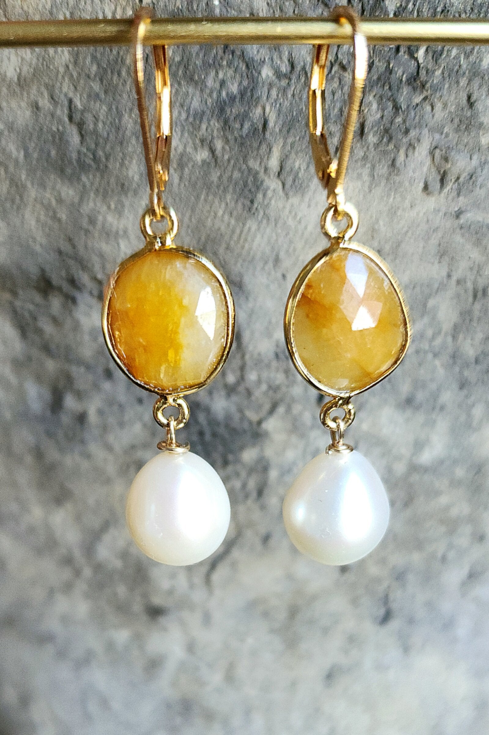 Golden Yellow Sapphires & Pearls Earrings