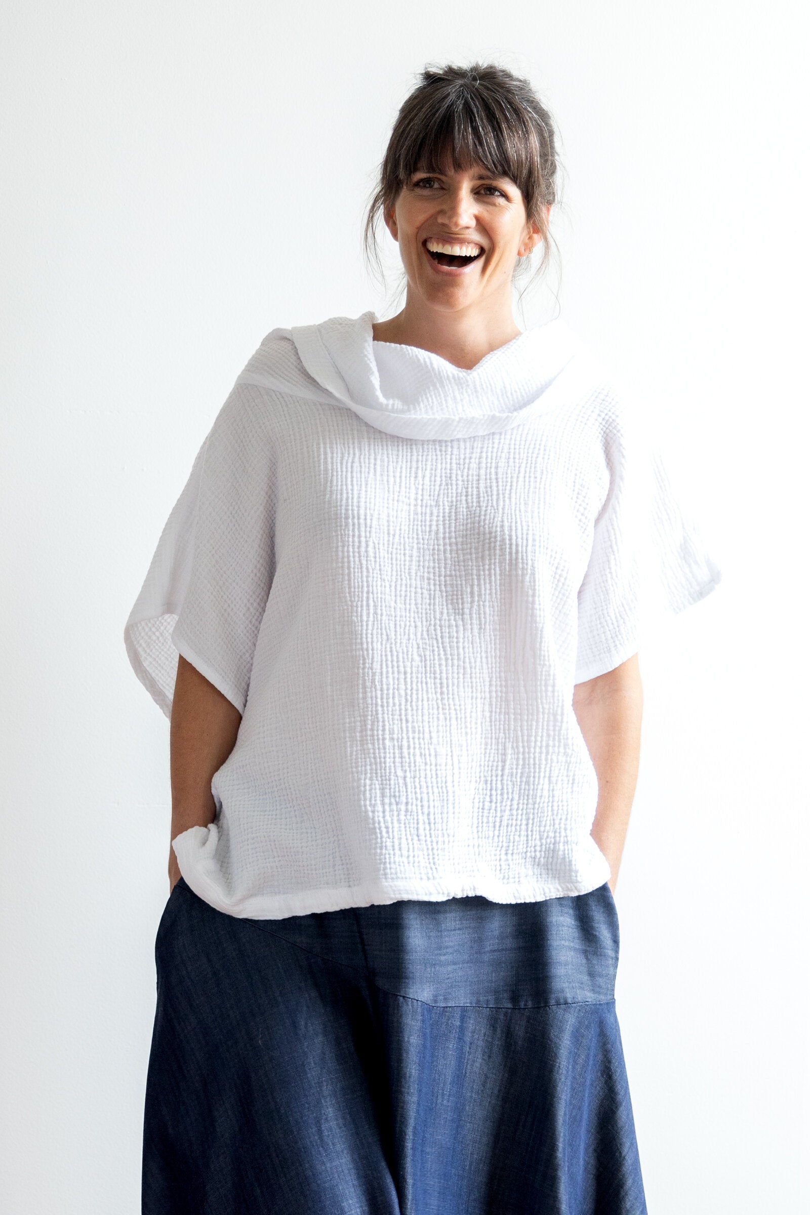Bubble Gauze Cowl Neck Top
