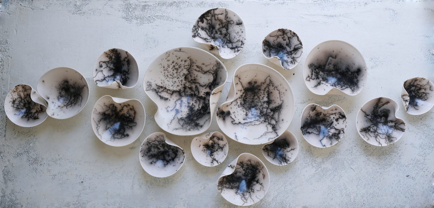 Raku Wall Sculpture Set in Black and White, 16 Piece