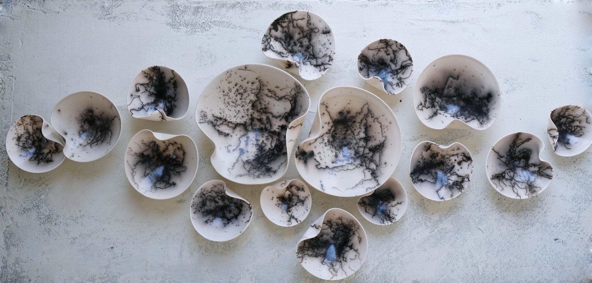 Raku Wall Sculpture Set in Black and White, 16 Piece