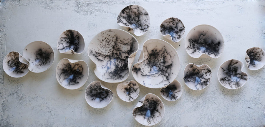 Raku Wall Sculpture Set in Black and White, 16 Piece