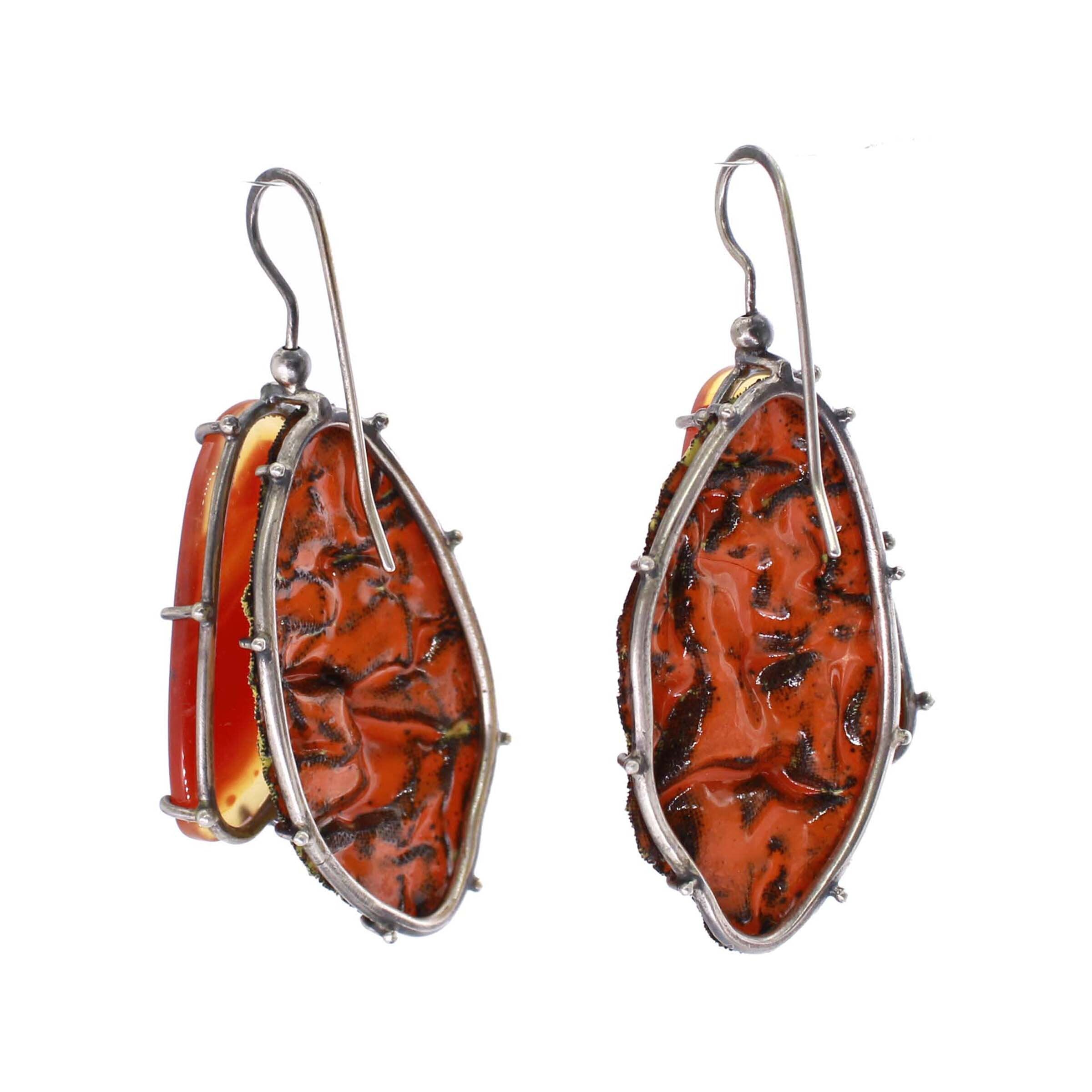 Carnelian & Yellow Enamel Earrings