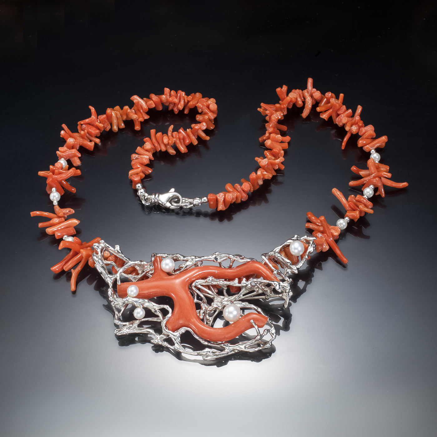Silver, Coral and Pearl Necklace