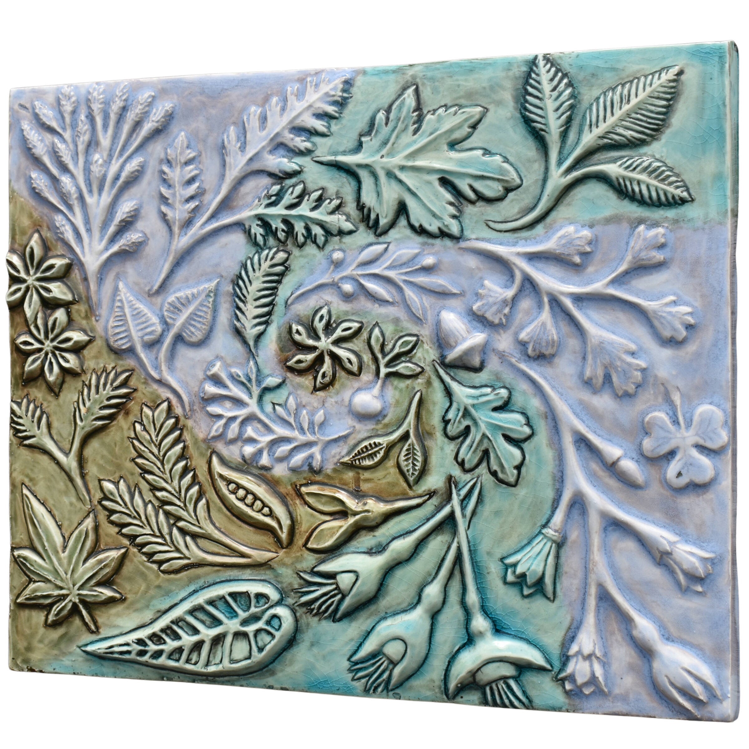 Spiral of Leaves Ceramic Wall Sculpture in Green Blue Glaze Swirl