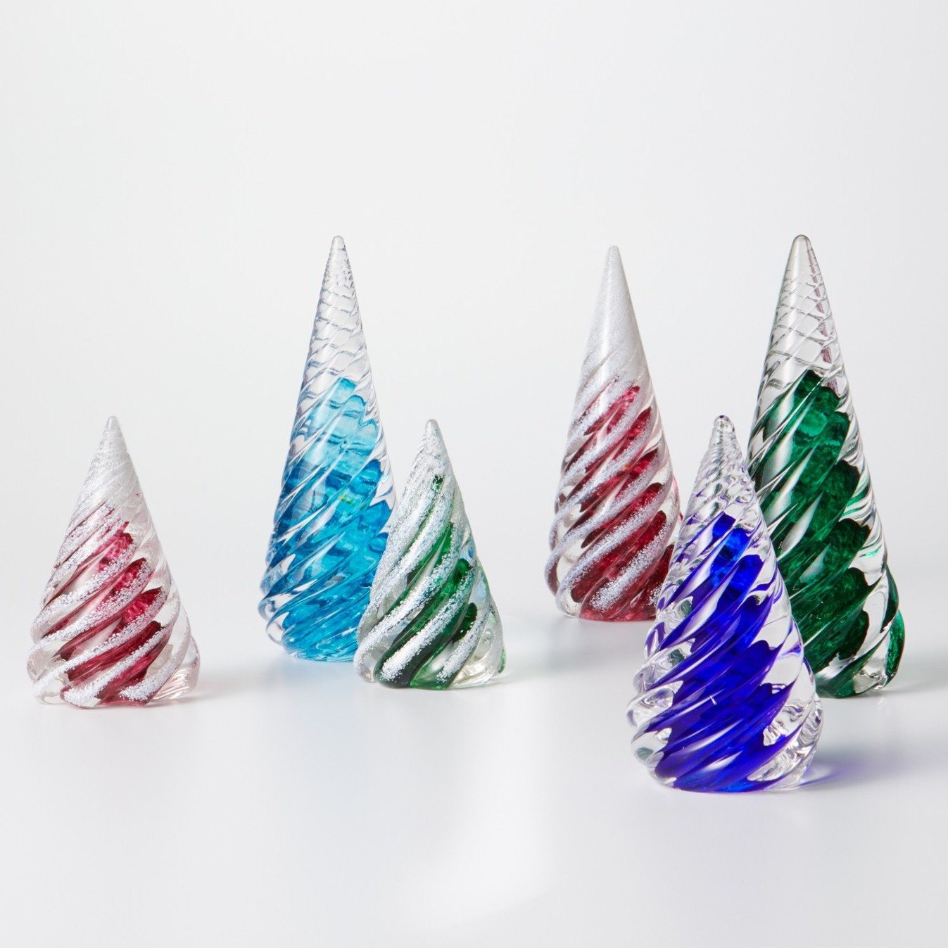 from left: Small Ruby, Large Light Blue, Small Dark Green, Large Ruby, Small Cobalt Blue, Large Dark Green