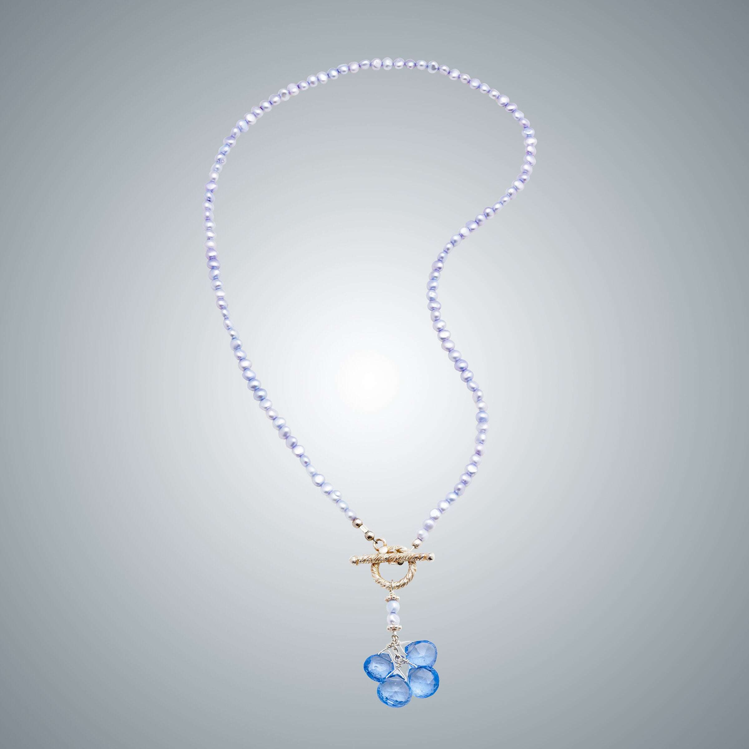 Light Blue Pearls & Blue Quartz Hearts Necklace
