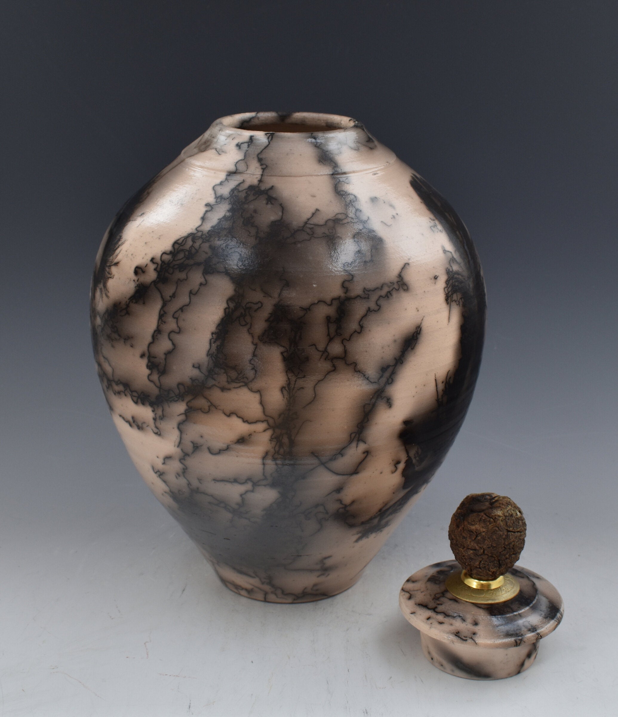 Horsehair Raku Stoneware Vessel with Oak Finial