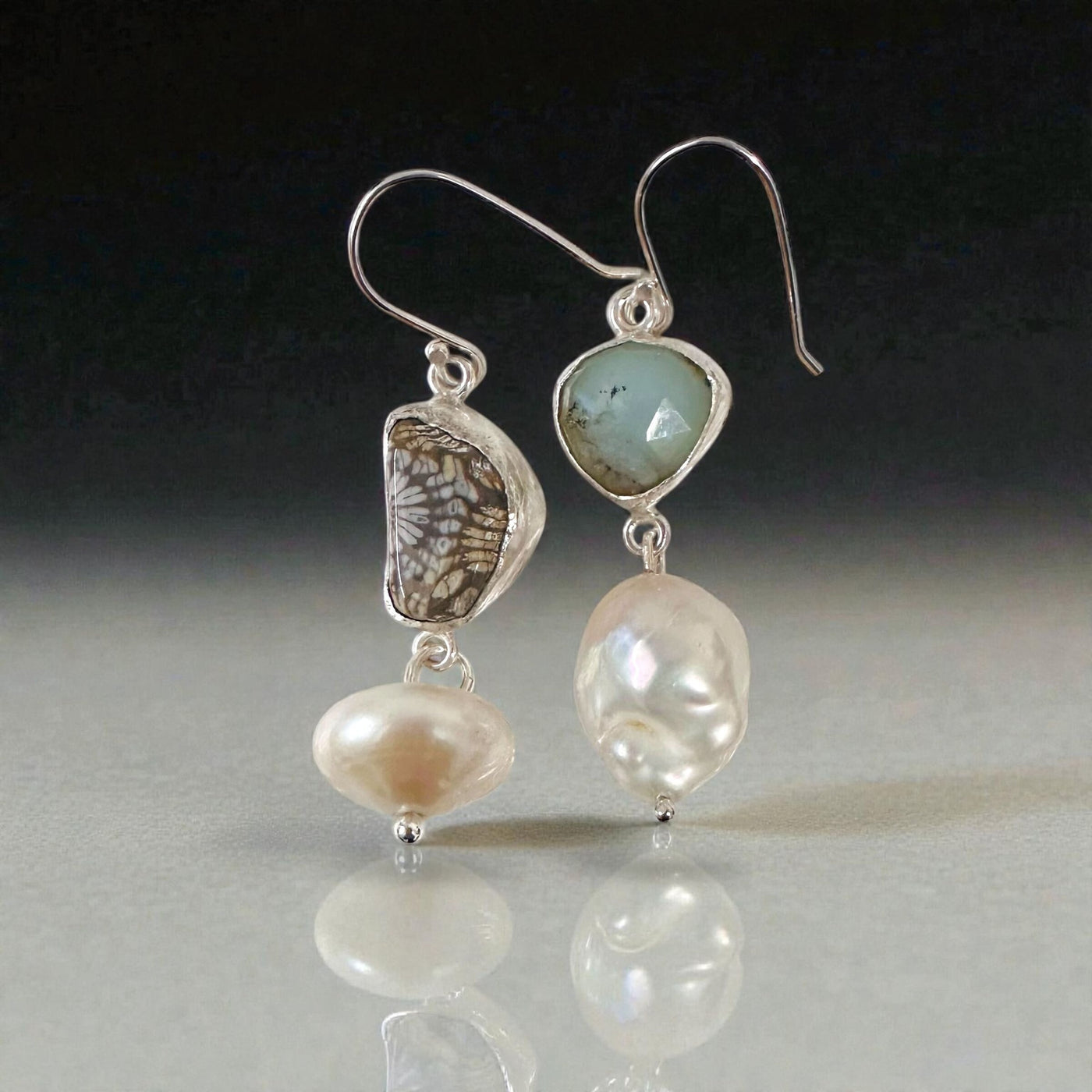 Asymmetrical Fossil and Pearl Earrings