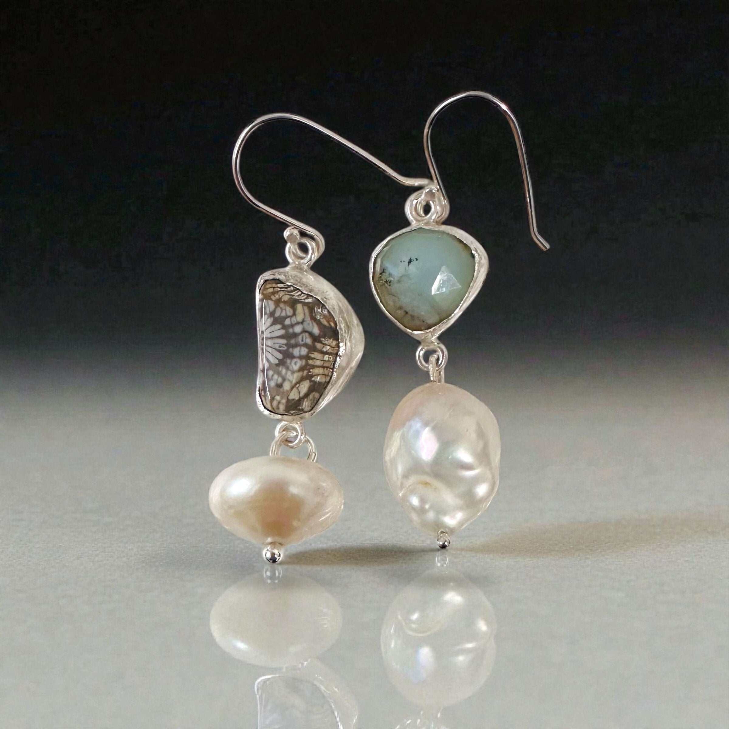 Asymmetrical Fossil and Pearl Earrings