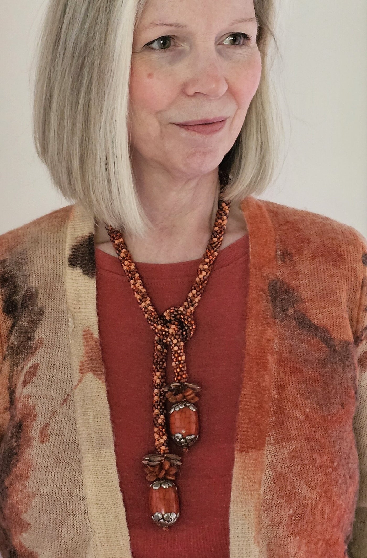 Bhutanese Bone & Orange Tweed Crocheted Rope