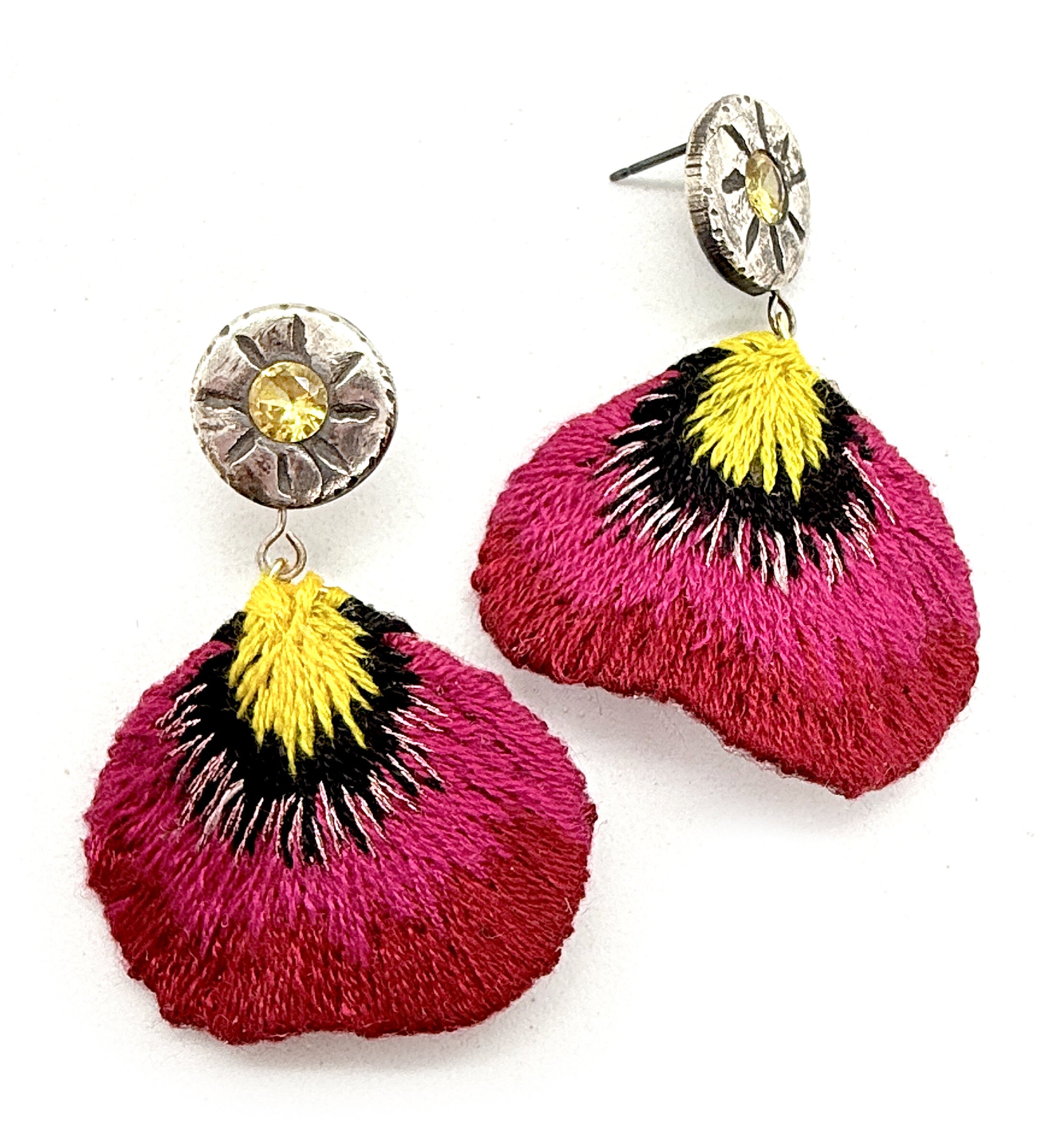 Pink Pansy Embroidered Earrings