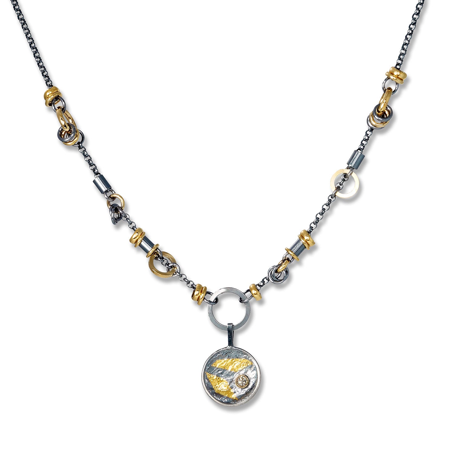 Black and Gold Keum-Bo Diamond Disk Necklace