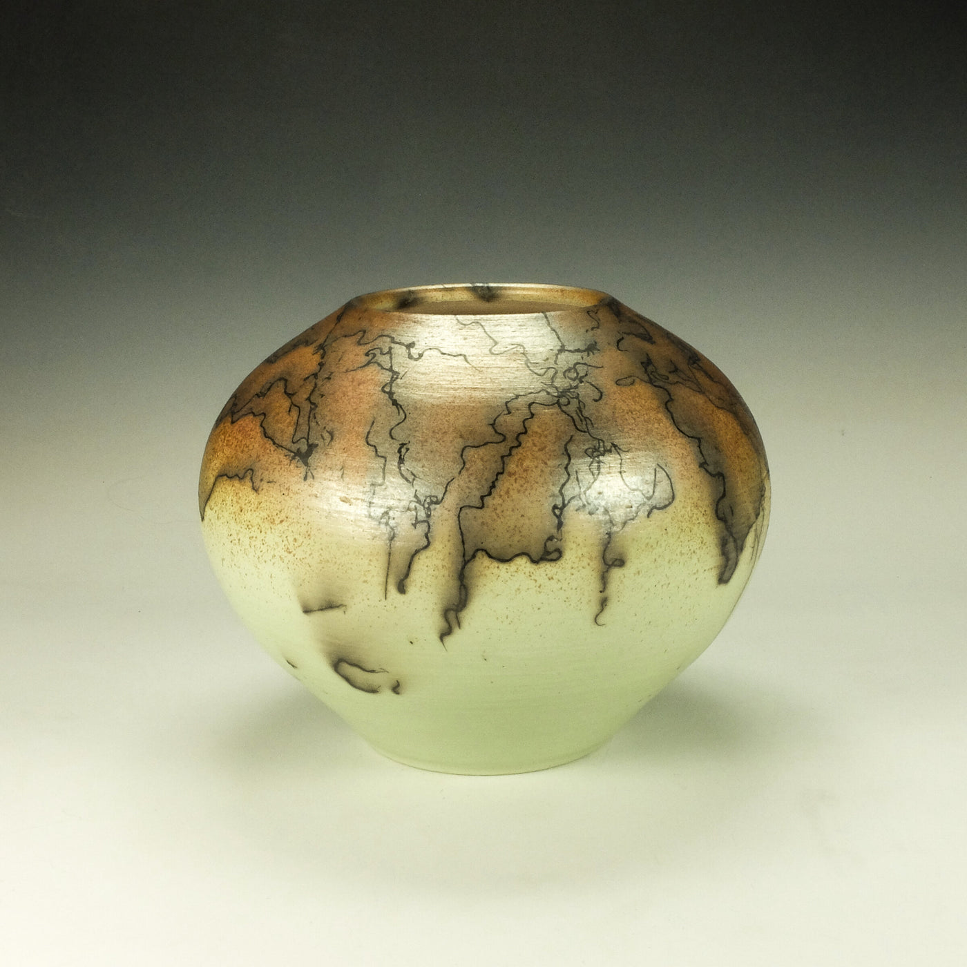 Round Orange and Green Horsehair Raku Vessel