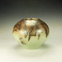 Round Orange and Green Horsehair Raku Vessel