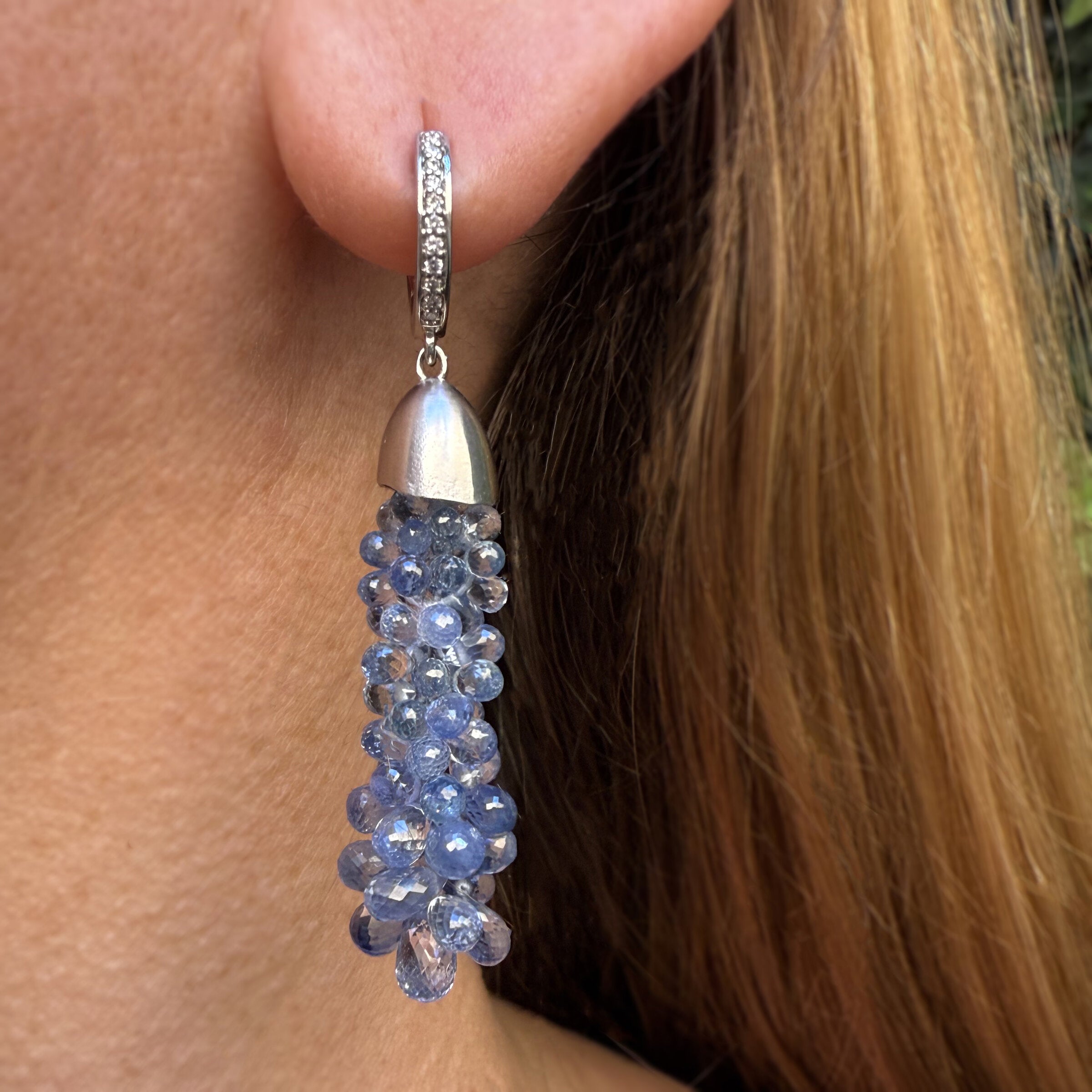 Ceylon Sapphire Briolette Cascade Earrings in Platinum with Diamonds