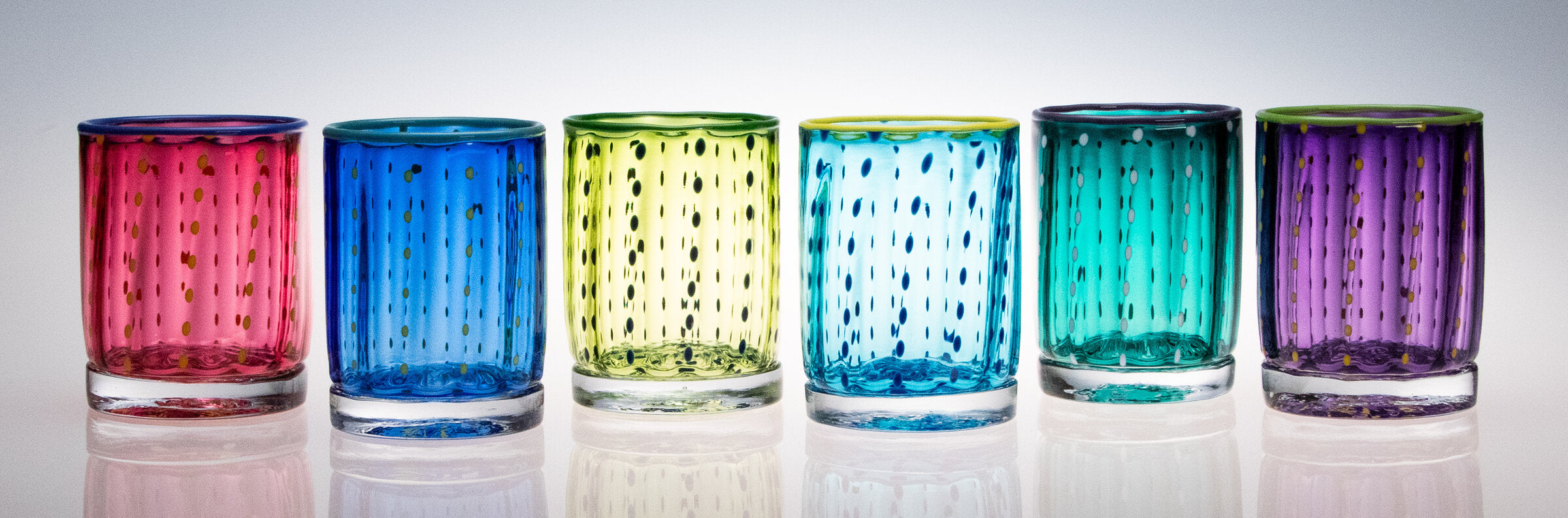 from left: Ruby, Cerulean Blue, Citron, Copper Blue, Jade Green, Purple