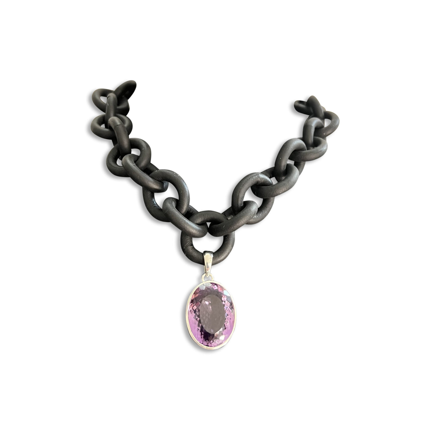 Black Rubber Necklace with Purple Amethyst